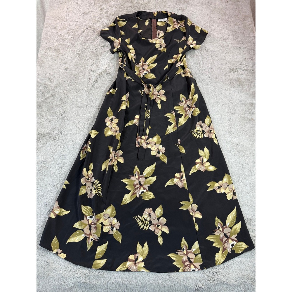 Vtg MOA Collection USA Black Floral Dress Size XS/S Midi Belted‎ Summer Casual